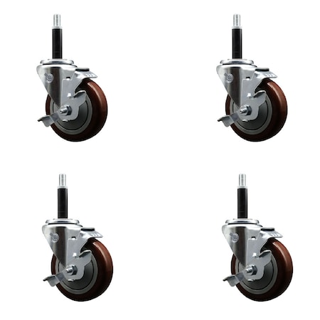 Service Caster 4'' SS Maroon Poly Swivel 1-3/4'' Expanding Stem Caster Set with Brake, 4PK SCC-SSEX20S414-PPUB-MRN-TLB-134-4